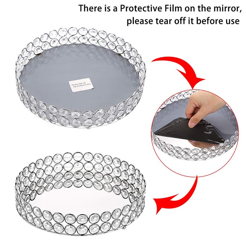 Hipiwe Crystal Make up Tray, Mirror Perfume Tray Bathroom Storage Trays Jewelry Trinket Trays Vanity Cosmetic Organizer Home Decor, Birthday Gift for Women(Round 9.8 Inch) - Image 4